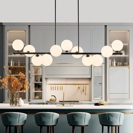 Linear Chandeliers for Dining Room,11 Light Globe Sputnik Chandelier with Milk White Glass 51inch Black Dining Room Light Fixture, Large Modern Chandelier for Kitchen Island
