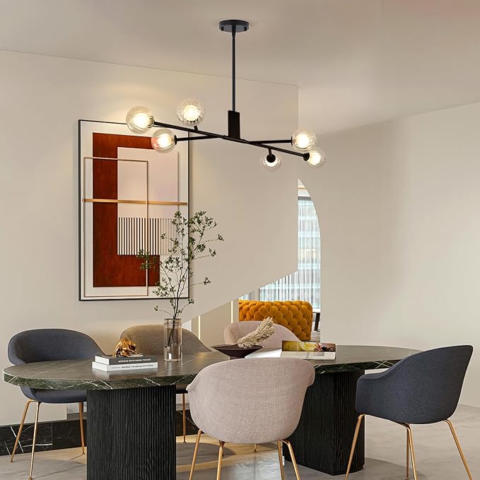 Modern Black Sputnik Island Light, 6-Light Glass Linear Chandelier for Dining Room, 46'' Ceiling Pendant Light Fixture with Globe Lampshade, Large Hanging Lamp Over Table, Bar, G9 Base