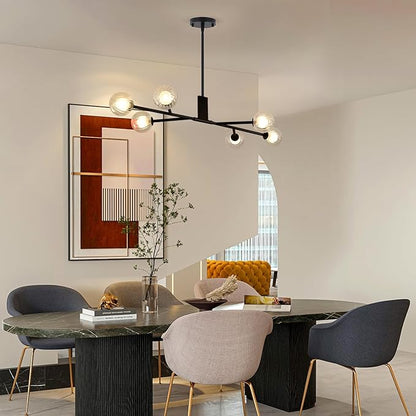 Modern Black Sputnik Island Light, 6-Light Glass Linear Chandelier for Dining Room, 46'' Ceiling Pendant Light Fixture with Globe Lampshade, Large Hanging Lamp Over Table, Bar, G9 Base
