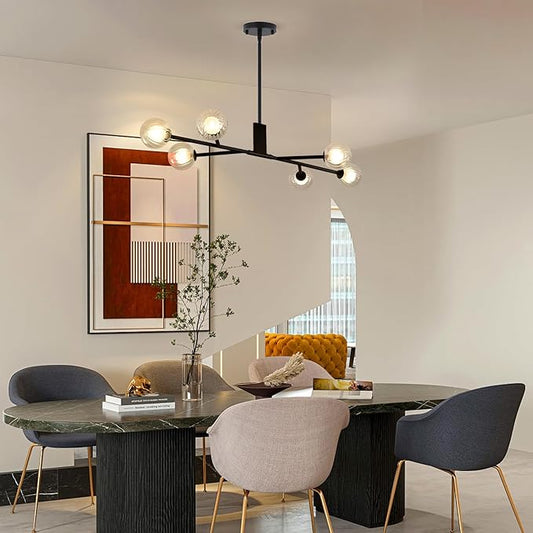 Modern Black Sputnik Island Light, 6-Light Glass Linear Chandelier for Dining Room, 46'' Ceiling Pendant Light Fixture with Globe Lampshade, Large Hanging Lamp Over Table, Bar, G9 Base
