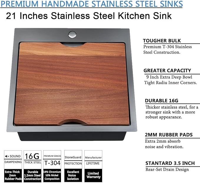 SHACO 21 Inch Black Drop In Kitchen Sink, 21x20 Inch Gunmetal Black Top Mount 16 Gauge Stainless Steel Single Bowl Workstation RV Small Kitchen Outdoor Laundry Wet Prep Sink with Accessories