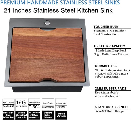 SHACO 21 Inch Black Drop In Kitchen Sink, 21x20 Inch Gunmetal Black Top Mount 16 Gauge Stainless Steel Single Bowl Workstation RV Small Kitchen Outdoor Laundry Wet Prep Sink with Accessories