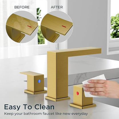 FORIOUS Brushed Gold Bathroom Faucet 3 Hole, 8 Inch Widespread Waterfall Bathroom Sink Faucet Gold with Metal Pop-Up Drain and cUPC Supply Lines Included for Restroom, Lavatory, Vanity Sink