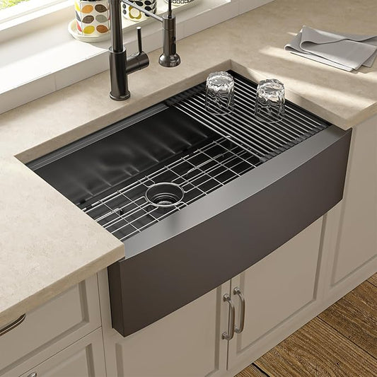 Lordear 33 Black Kitchen Sink 33 x 22 Apron Front Farmhouse Sink Gunmetal Black Stainless Steel 16 Gauge Single Bowl Ledge Workstation Farm Sink Basin, 9" Apron Height