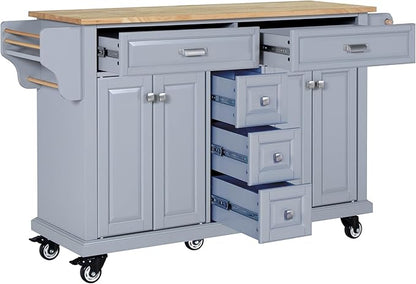 GOWE Kitchen Island with Rubber Wood Countertop, Kitchen Cart on 5 Wheels with Storage Cabinet and 5 Drawers for Dinning Room, Grey