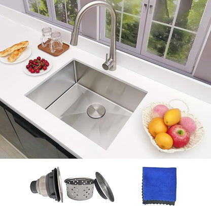 23 Inch Undermount Kitchen Sink - Delironexu 18 Gauge Stainless Steel Kitchen Sink, 23"x18" Single Bowl kitchen Sinks with Brushed Finish, Ideal for Bar Sinks, and RV sink