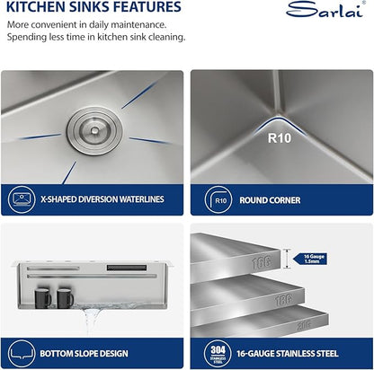 Sarlai Waterfall Kitchen Sink 30 Inch Drop In Kitchen Sink Topmount 16 Gauge Stainless Steel 30x22 Inch Single Bowl Multifuction Workstation Top Mount Sinks with Double Knob