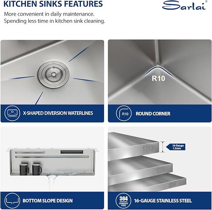 Sarlai Waterfall Kitchen Sink 33 Inch Drop In Kitchen Sink with Waterfall Topmount 16 Gauge Stainless Steel 33x22 Inch Single Bowl Multifuction Workstation Top Mount Sinks with Double Knob