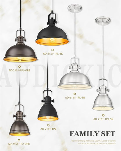 Pendant Lights Kitchen Island, Farmhouse Hanging Lights Fixtures with Metal Shade, Rustic Kitchen Pendant Lighting Over Island for Dining Room, Brushed Nickel, AD-2151-1PL-SN