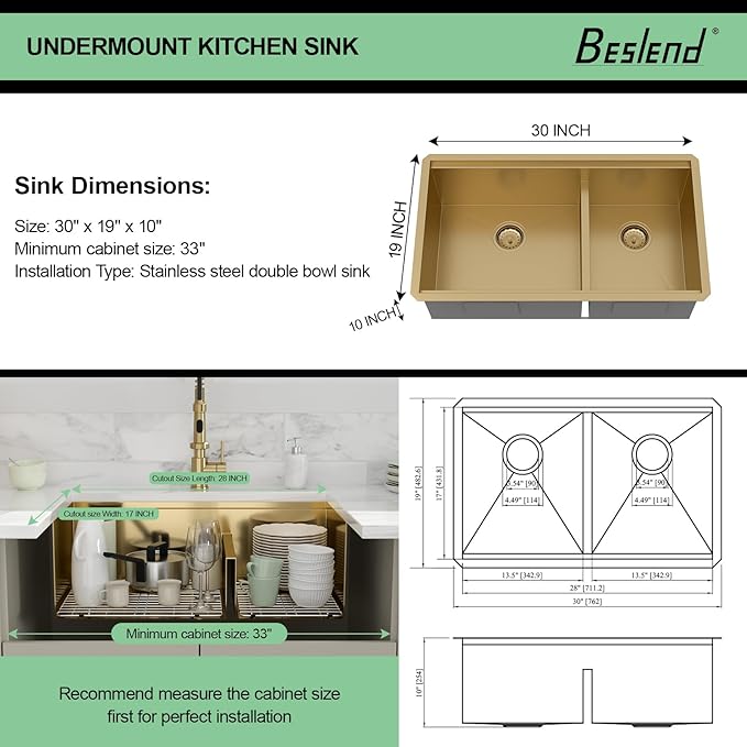 30 Gold Undermount Kitchen Sink - Beslend 30x19 Gold Double Bowl Kitchen Sinks Workstation 16 Gauge Stainless Steel Golden Sink Low Divide Double Basin 60/40