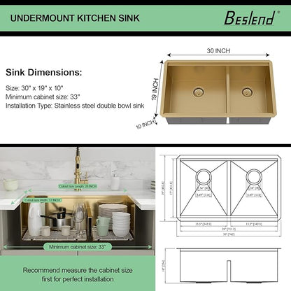 30 Gold Undermount Kitchen Sink - Beslend 30x19 Gold Double Bowl Kitchen Sinks Workstation 16 Gauge Stainless Steel Golden Sink Low Divide Double Basin 60/40