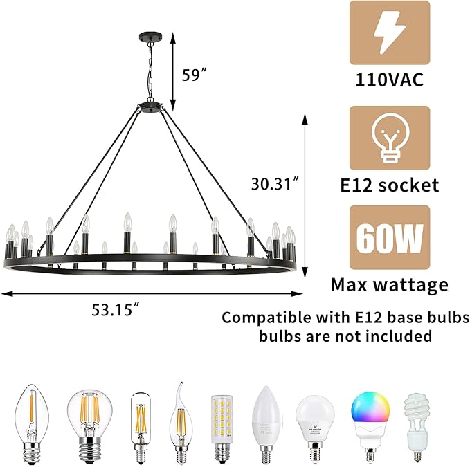 24-Light Black Wagon Wheel Chandelier, 54 Inch Large Chandeliers for High Ceilings, Farmhouse Dining Room Light Fixture, for Living Room, Foyer, Entryway