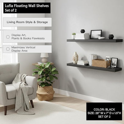 Lufia Floating Wall Shelves, Set of 2, MDF with Invisible Brackets, Modern Storage for Bedroom, Bathroom, Living Room, Kitchen (Black, 28" W x 7" D x 1.5" H)