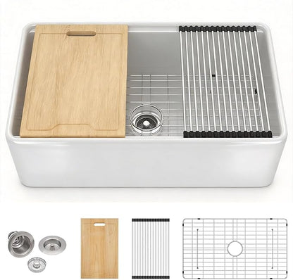 White Farmhouse Sink Fireclay Workstation Apron Front Farmer Kitchen Sink 30"x20" Undermount Single Bowl Kitchen Sink with Accessories