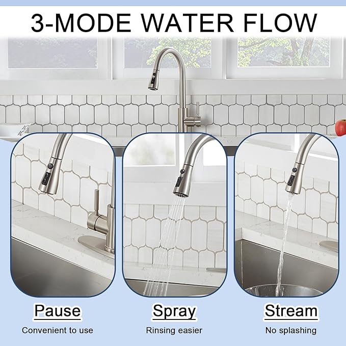 SHACO Kitchen Faucets, Kitchen Sink Faucet with Pull Down Sprayer, Brushed Nickel Stainless Steel Single Handle Pull Out Faucet for Kitchen Sink, SC-KYT010L-D