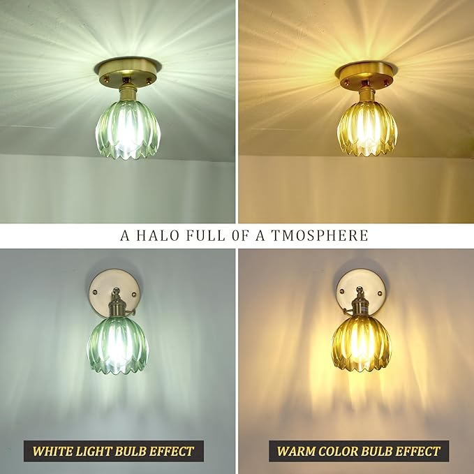 Shenmoyl Semi Flush Mount Vintage Lights - Gold Hallway & Porch, 4.72" Base Modern Ceiling Light Fixture, Green Tulip Glass, Bulb Included