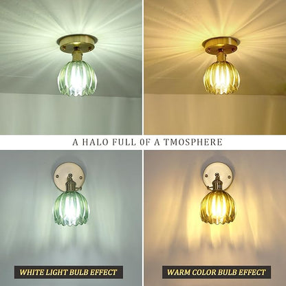 Shenmoyl Semi Flush Mount Vintage Lights - Gold Hallway & Porch, 4.72" Base Modern Ceiling Light Fixture, Green Tulip Glass, Bulb Included