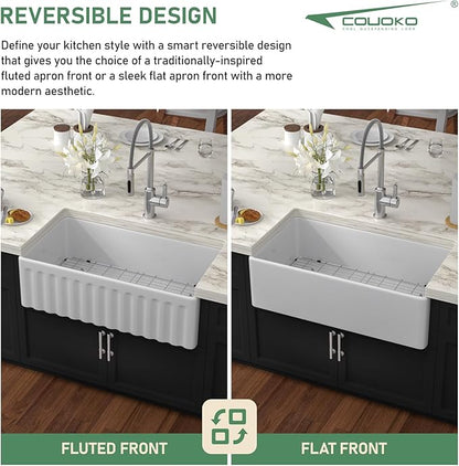 White Farmhouse Sink 33 Inch Fireclay Reversible Apron Front Farm Sink 33"x18"x10" Glossy White Porcelain Farms House Style Single Bowl Farmhoues kitchen Sinks with Luxury Accessories