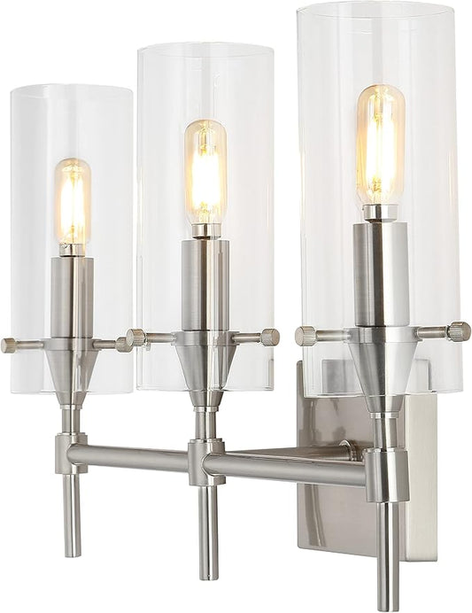 JONATHAN Y 21.25" Nickel/Clear Modern Farmhouse LED Vanity Light Sconce, Clear Glass Cylinder Shade, Wall Lamp for Bathroom Mirror Hallway Entryway, LED Bulb Included (JYL7807B)
