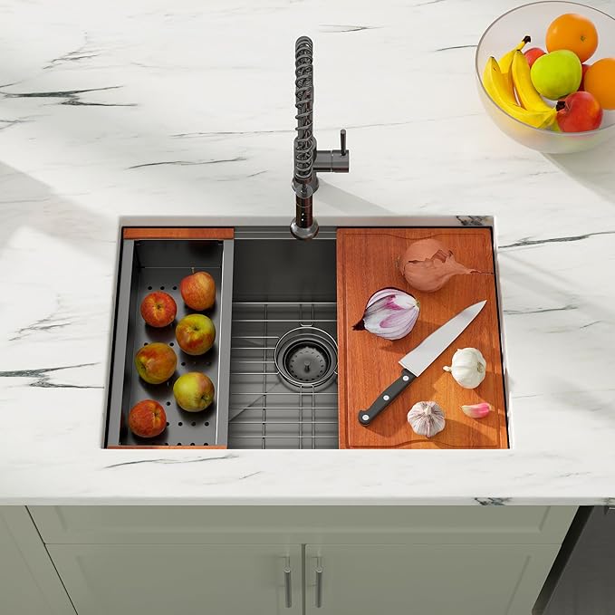 Dcolora 27" Gunmetal Black Stainless Steel Undermount Kitchen Sink Workstation - 16 Gauge Single Bowl Basin (27"x19"x10"), DC-U7707