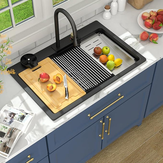 Lordear Granite Composite Kitchen Sink With Waterfall Faucet 33x22 Inch Drop In Kitchen Sinks Black Quartz Single Bowl Multifunctional Workstation Topmount Sink
