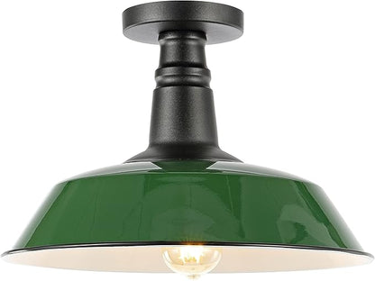 JONATHAN Y 14" Green/Black 1-Light Industrial LED Semi Flush Mount Ceiling Light for Porch, Kitchen, Entryway, Modern Farmhouse Iron Fixture, White Metal Shade, LED Bulb Included (JYL7617F)