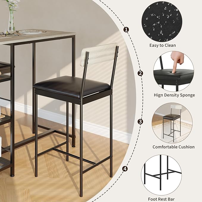 3-Piece Modern Dining Set, Dining Table Set with 2 Upholstered Bar Stools,Bar Table Set w/ Metal Frame&Built-in Wine Rack for Kitchen Dining Room Apartment Breakfast Nook 36"Lx 16.7"W x 37.2"H Gray