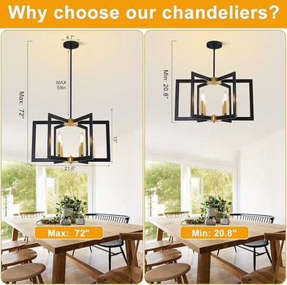 21.6" Black and Gold Chandelier,6-Light Geometric Dining Room Fixture,Modern Industrial Foyer Lighting Fixtures,Rustic Farmhouse Hanging Pendant Lights for Living Room,Bedroom,Entryway,Kitchen Island