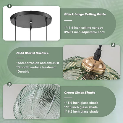 3-Light Cluster Pendant Lighting, Mid Century Modern Chandelier with Hand Blown Green Glass, Adjustable Kitchen Island Hanging Light for Dining Room, Bedroom, Living Room