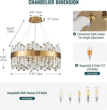 Siljoy Modern Crystal Chandelier, 12-Light Dimmable Brass Gold K9 Crystal Raindrop Chandelier, Luxury Adjustable Crystal Pendant Ceiling Light for Living Dining Room Kitchen Island Entry Foyer D19.7''
