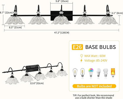 Black Bathroom Vanity Light, 5-Light Vanity Light with Crystal Glass Shades, Vintage Farmhouse Vanity Lighting for Bathroom and Dressing Table