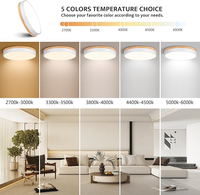Modern Wood Flush Mount Ceiling Light, White LED 5CCT 2700K-6000K Dimmable Ceiling Light Fixtures, Round Close to Lighting Fixture for Kitchen Living Room Dining Room Bedroom-15.8in