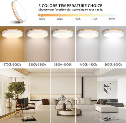 Modern Wood Flush Mount Ceiling Light, White LED 5CCT 2700K-6000K Dimmable Ceiling Light Fixtures, Round Close to Lighting Fixture for Kitchen Living Room Dining Room Bedroom-15.8in