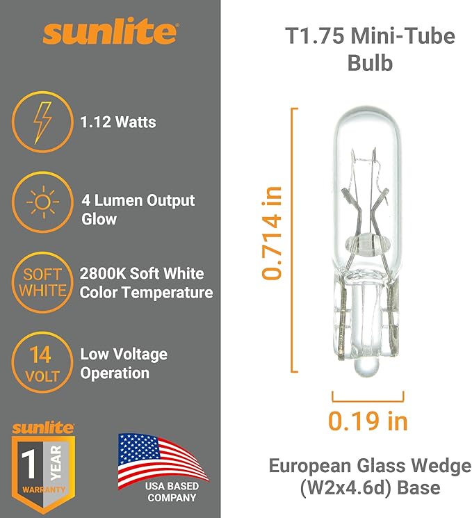 Sunlite T1.75 Mini-Tube Bulb, 1.12 Watts, 4 Lumens, 14 Volts, C-2F Filament, European Glass Wedge W2x4.6d Base, Clear Finish, 2800K Soft White, for Automotive & Indicator Lights, 10 Pack