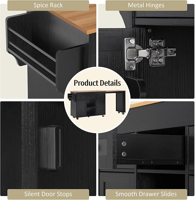 85.5" Kitchen Island with Extendable Dining Table, Rolling Kitchen Island with 3 Side Open Shelves, Power Outlet, Kitchen Storage Table with 3 Drawers, 2 Doors, for Kitchen, Dining Room, Black