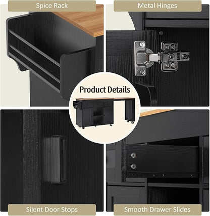 85.5" Kitchen Island with Extendable Dining Table, Rolling Kitchen Island with 3 Side Open Shelves, Power Outlet, Kitchen Storage Table with 3 Drawers, 2 Doors, for Kitchen, Dining Room, Black