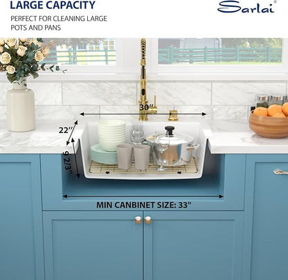 Sarlai 30 Granite Composite Kitchen Sink - 30"x22" Drop In Kitchen Sink Ledge Workstation White Granite Quartz Composite Top-Mount Single Bowl Sinks Basin with Gold Accessories