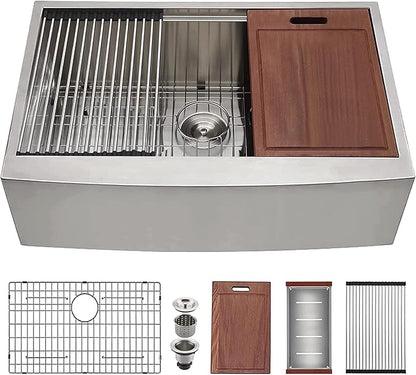 CELAENO Stainless Steel Farmhouse Sink 30 inch, Single Bowl Kitchen Sink Workstation 18 Gauge, Handmade R10 Radius Corners Rear Drain Farm Sink (Stainless Steel, 30" x 22" x 9")