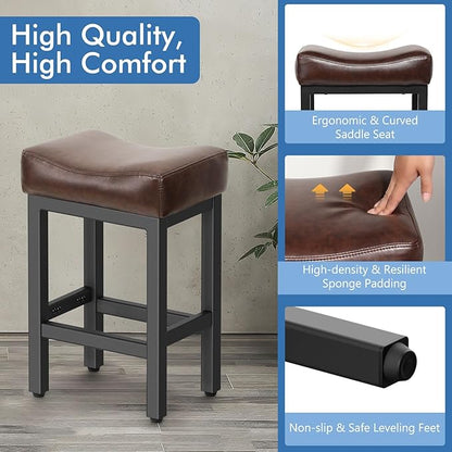 Raynesys Counter Height Bar Stools Set of 3, 24 Inch Barstools for Kitchen Island Counter, Bonded Leather Kitchen Stools with Thick Saddle Seats & Heavy Duty Metal Base, Easy Assembly, Brown/Black