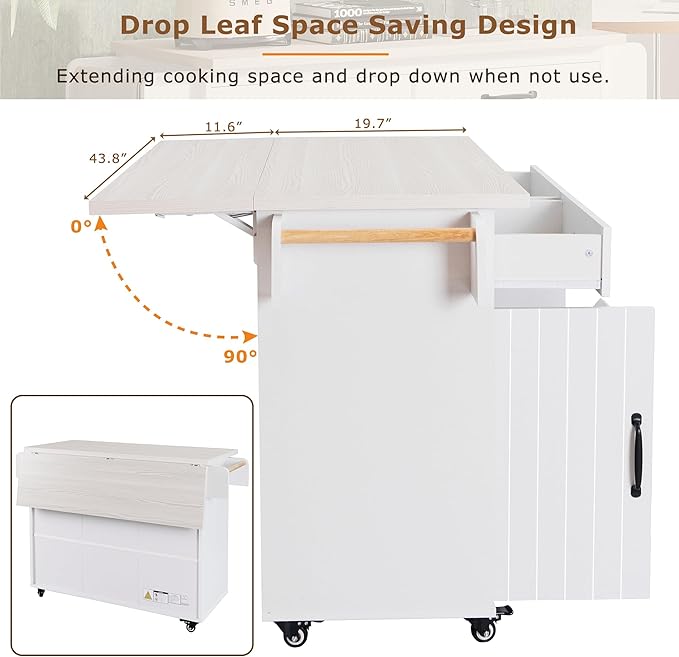 Ball & Cast Kitchen Island with Trash Can Storage Cabinet,Kitchen Cart W/Drop Leaf,Spice Rack,Towel Rack and Drawers,Rolling Kitchen Islands on Wheels W/Adjustable Shelf for Dining Room,White Oak