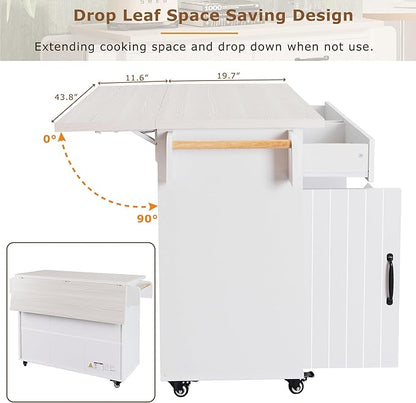 RUNNA Kitchen Island with Trash Can Storage Cabinet, Kitchen Cart with Drop Leaf, Spice Rack, Towel Rack and Drawer, Rolling Kitchen Island on Wheels with Adjustable Shelf (White Oak~81)