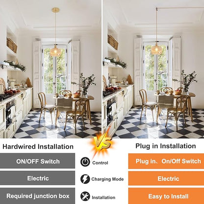 Shenmoyl Plug in Pendant Light Hanging Light Fixtures with Plugin Cord On/Off Switch,Amber Striped Glass Lampshade Brass Pendant Light