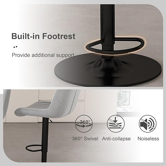 Set of 2 Grey Swivel Bar Stools,Adjustable Height (35.03-43.7”), Soft Knit Polyester Seat/Backrest,Iron Frame, 360° Rotation, Ergonomic Lumbar Support,for Kitchen Island/Bar Counter/Dining Room