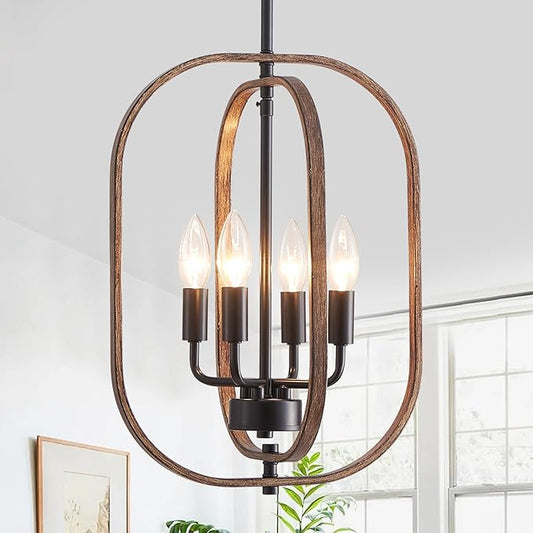 XINGQI Small Chandeliers for Dining Room, 12.2" Modern Farmhouse Pendant Lighting Fixture Rustic Metal 4-Light Black and Wood Grain Finish for Entryway Bedroom Hallway Foyer Kitchen Office Bar