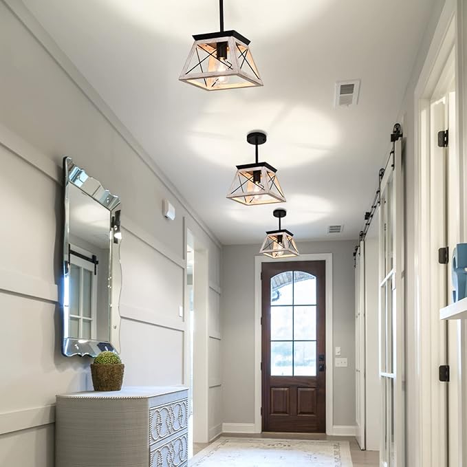 Farmhouse Pendant Light Kitchen Island, One Light Metal Hanging Light Fixture, Industrial Over Sink Light Fixture, Trapezoidal Shape Rustic Kitchen Light for Dining Room, Entryway, Hallway