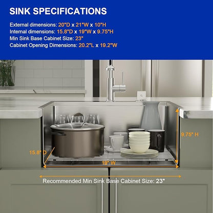 Dcolora 21 Inch Drop-In Kitchen Sink Workstation, 16 Gauge Stainless Steel Topmount Single Bowl Sink with Full-Cover Cutting Board, Grid & Drying Rack, Deep Bar/Utility Sink, 21"x20"x10", #DC-T7756