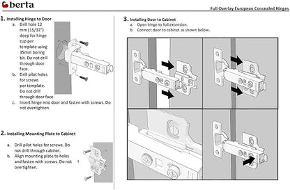 Berta 2-Pack Full Overlay Frameless Soft-Close European Hinges, 110° 3D Adjustable, Clip-On Concealed Kitchen Cabinet Door Hinges with Screws - Ideal for Modern Cabinets