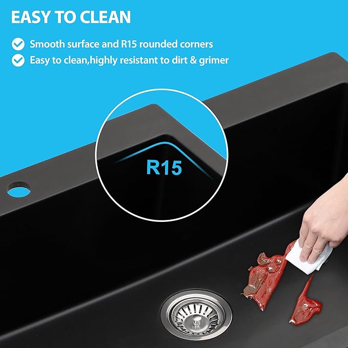 Kichae 33 Granite Composite Kitchen Sink - 33"x22" Grainte Kitchen Sink Drop In Topmount Quartz Sink Black Deep Single Bowl Basin