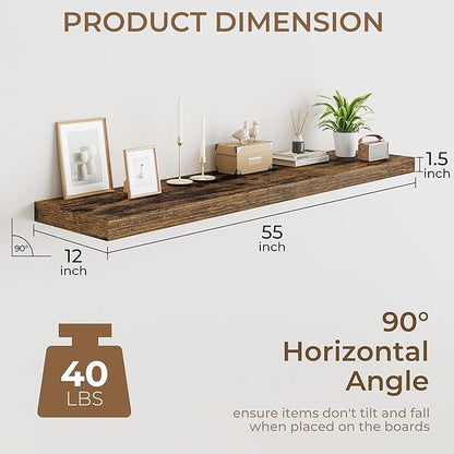 RICHFOCUS Deep Floating Shelves for Wall 2 Pack 12" D 55 Inch Wall Shelves for Room Wall|Wood Hanging Shelf with Invisible Brackets for Bathroom Bedroom Kitchen Laundry Room, Rustic Brown