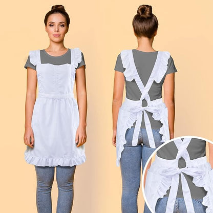 Geyoga Aprons for Women with Pockets Kitchen Cooking Waitress Maid Apron Vintage Skirt Cute Ruffle Dress Costume(White,Long Style)